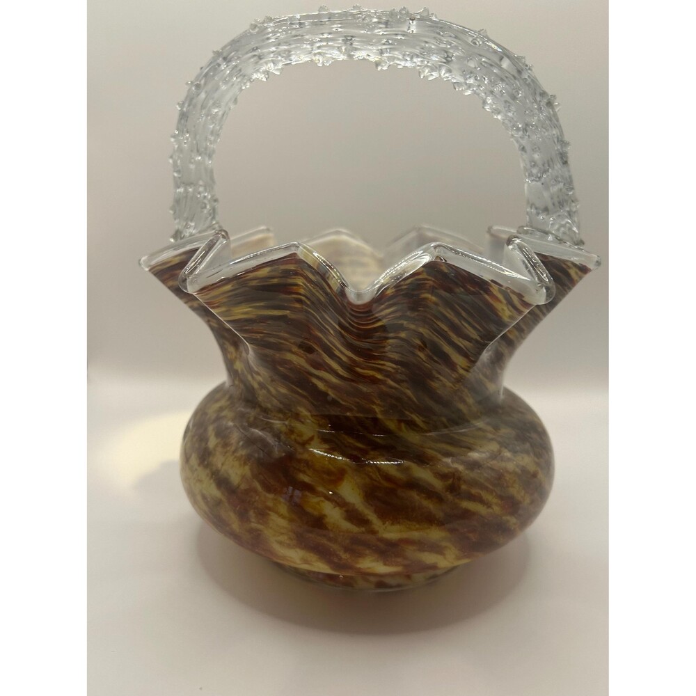 Antique Victorian Bohemian Glass Thorn Handled Crimped Edge Basket